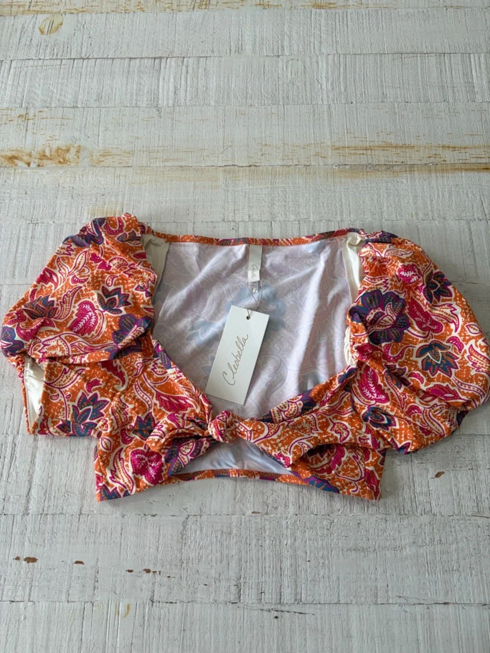Cleobella Maude Bikini Top NWT size Small Floral Puff Sleeve Tie Front Festival